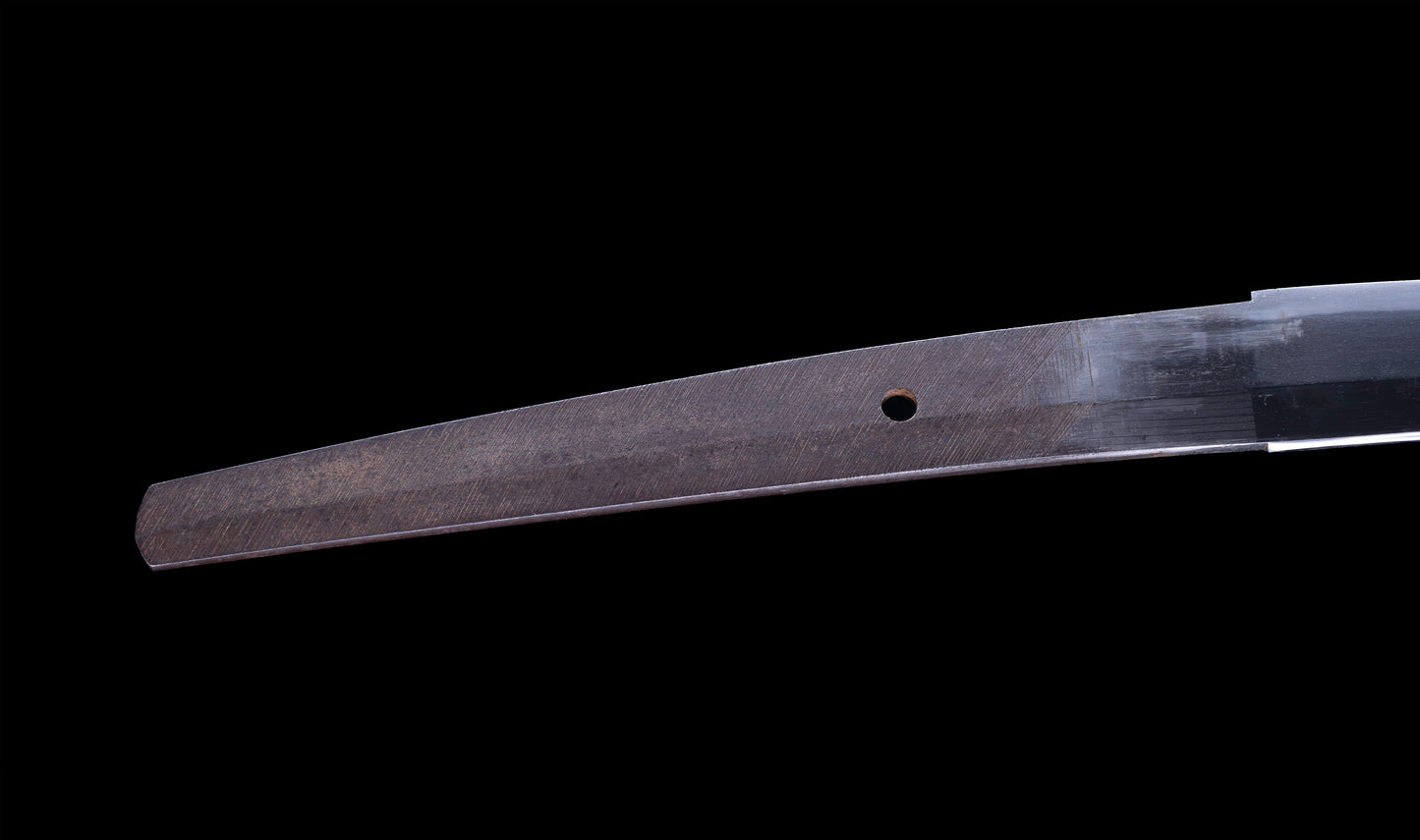 Antique Japanese Katana with Black Lacquer Koshirae and Feather-Motif Iron Tsuba signed Chikushi Tadamasa - Hozon