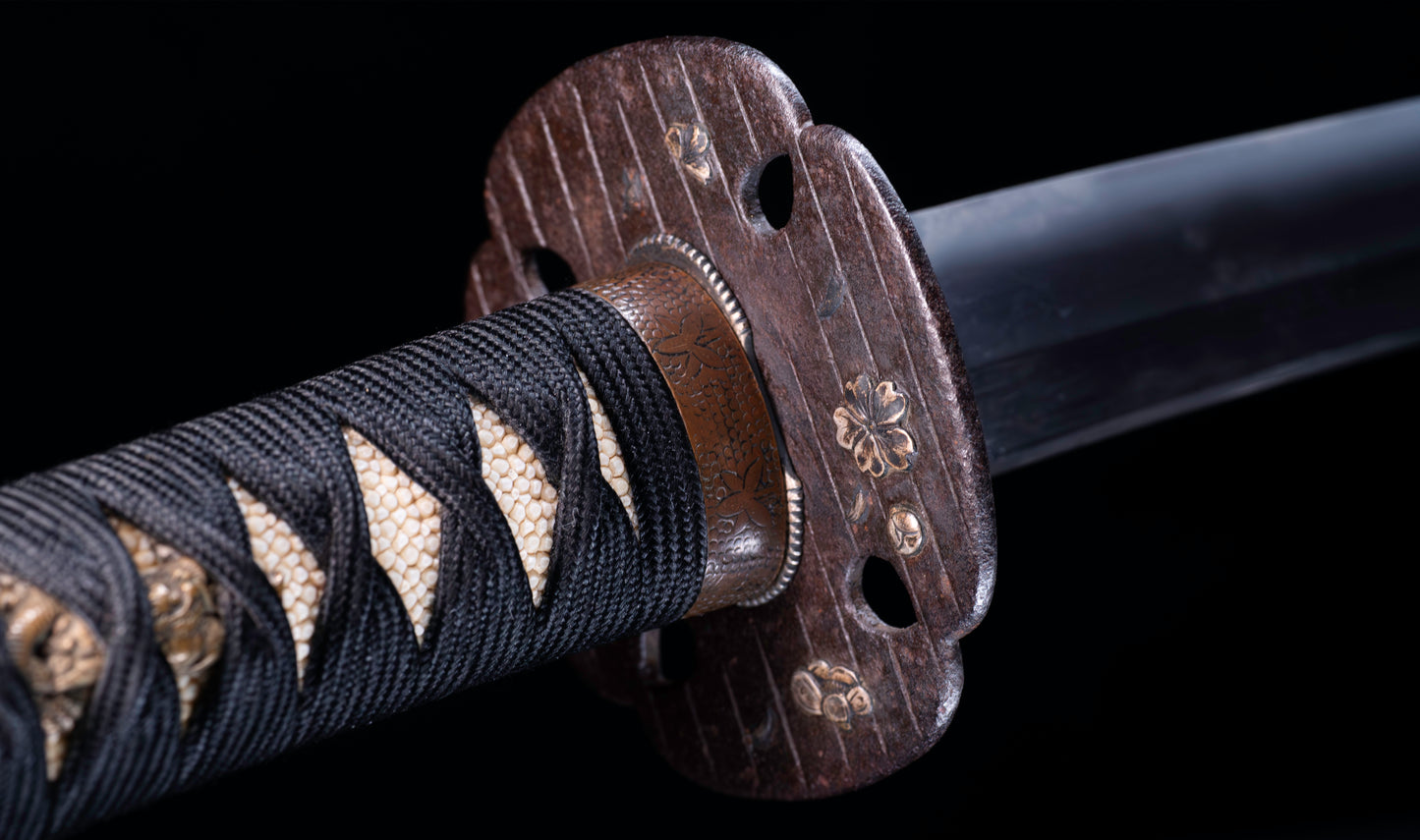 Antique Japanese Katana Sword with Toran Hamon and Cherry-Blossom Iron Tsuba — Osaka Shintō