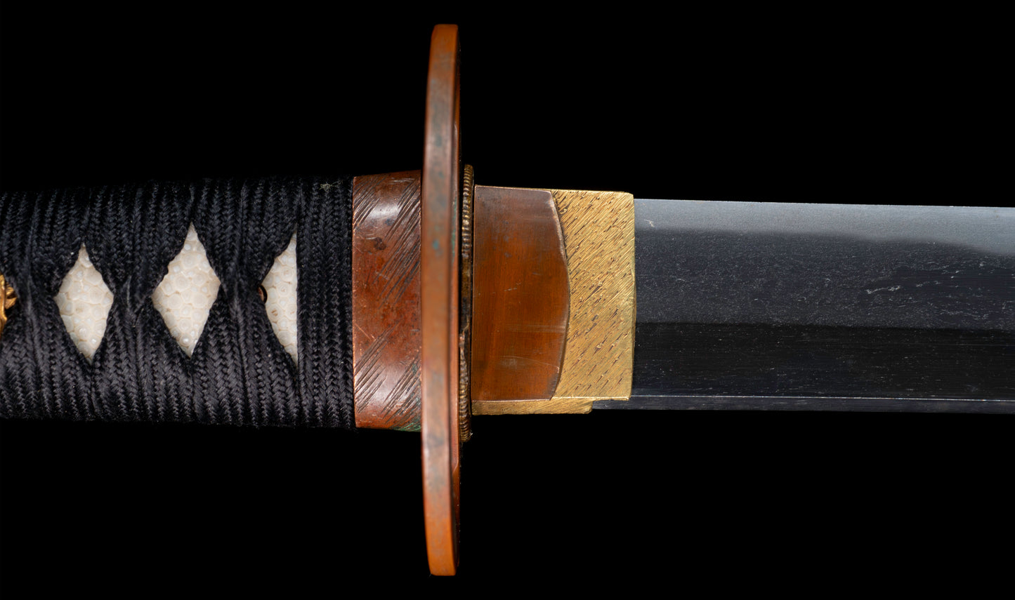 Antiker japanischer Katana signiert Tsunahiro mit goldenen Drachen-Menuki, rostrot lackierte Saya - NBTHK Hozon