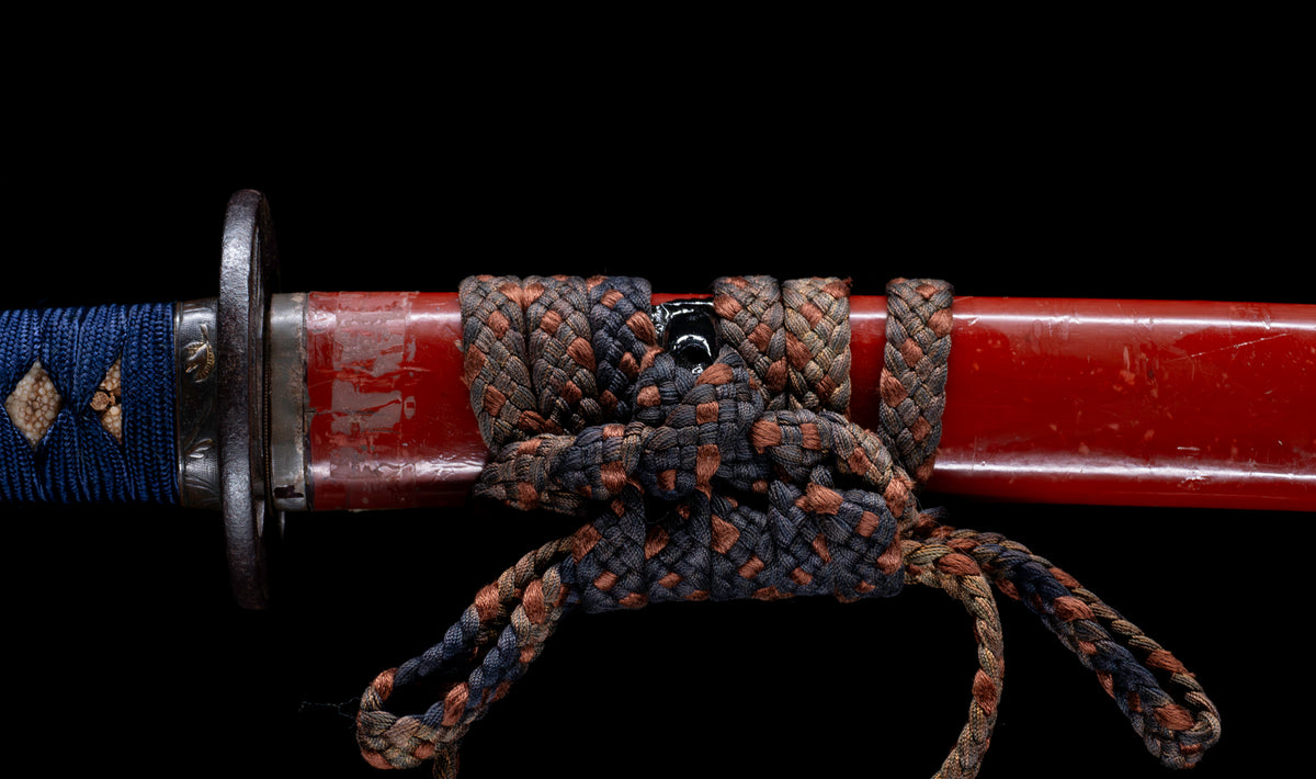 Antique Japanese Katana Sword with Vermilion Lacquer Saya, Sparrow Fuchi-Kashira and Gilt Menuki