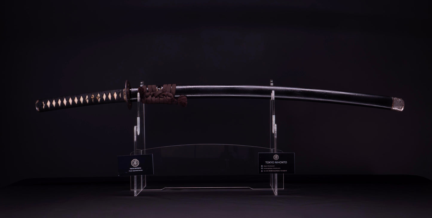Antique Japanese Katana Sword with Iron Tsuba and Black Lacquered Mountings