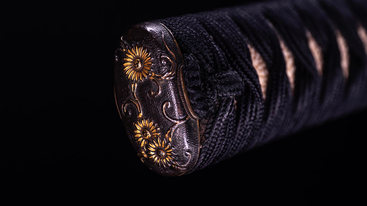 Antique Japanese Katana Sword with Iron Tsuba and Black Lacquered Mountings
