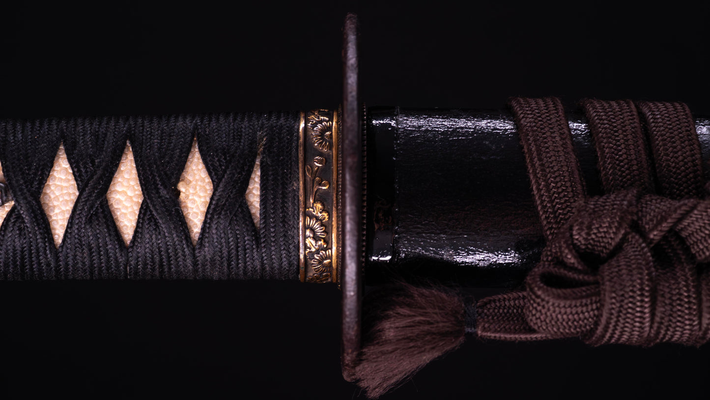 Antique Japanese Katana Sword with Iron Tsuba and Black Lacquered Mountings