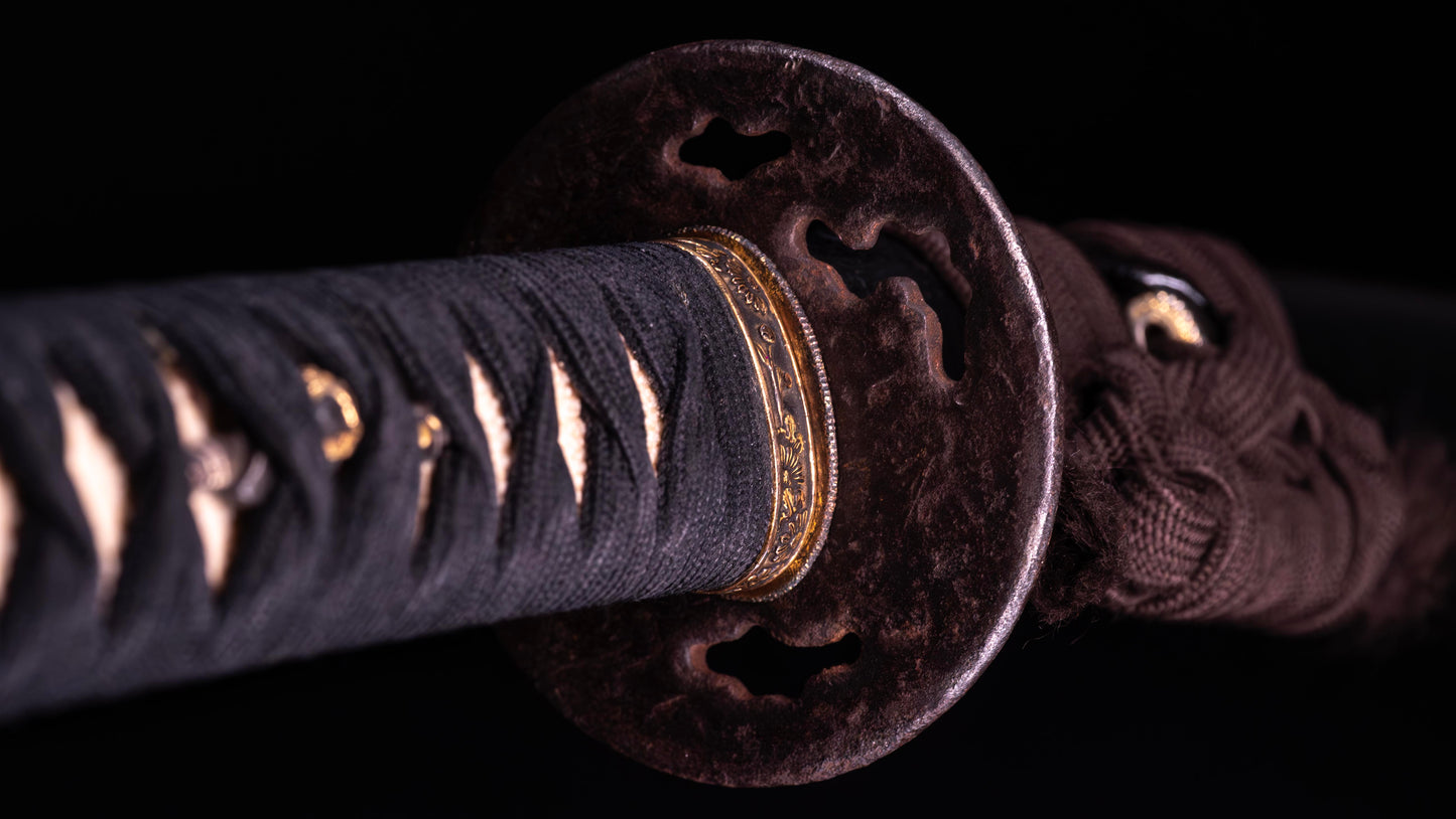 Antique Japanese Katana Sword with Iron Tsuba and Black Lacquered Mountings