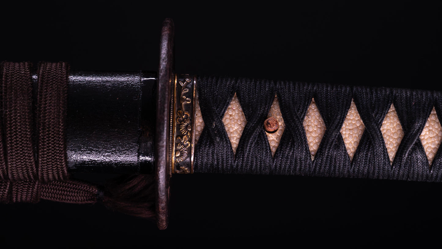 Antique Japanese Katana Sword with Iron Tsuba and Black Lacquered Mountings