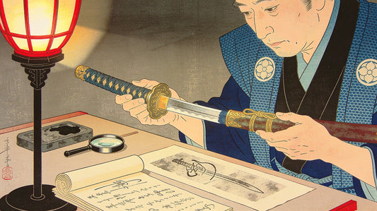 Edo-period sword expert examining an antique katana against reference signature scrolls to detect a false mei (gimei) — ukiyo-e style illustration
