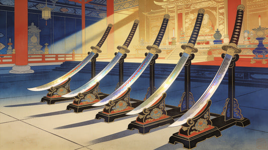 The five greatest Japanese swords (Tenka-Goken) displayed in a temple treasure hall — ukiyo-e style illustration