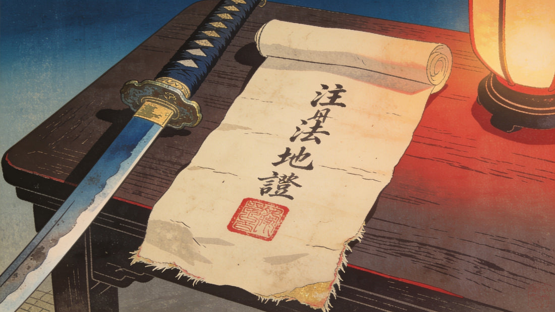 Japanese sword registration certificate (torokusho) scroll beside a katana — ukiyo-e style illustration