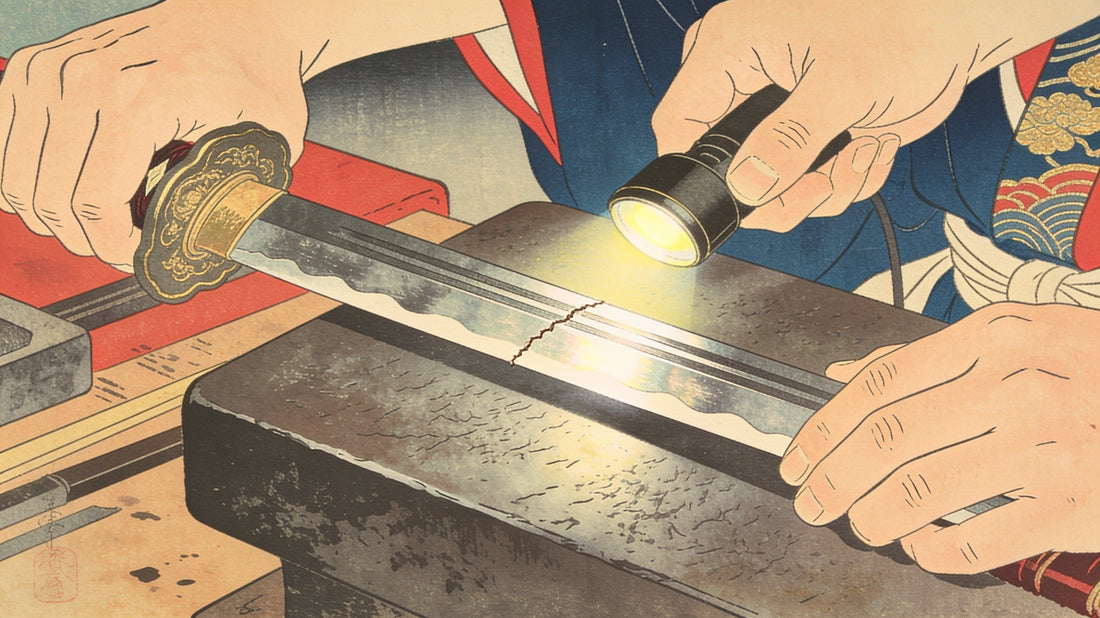 Close inspection of an antique katana blade for flaws (kizu) — ukiyo-e style illustration