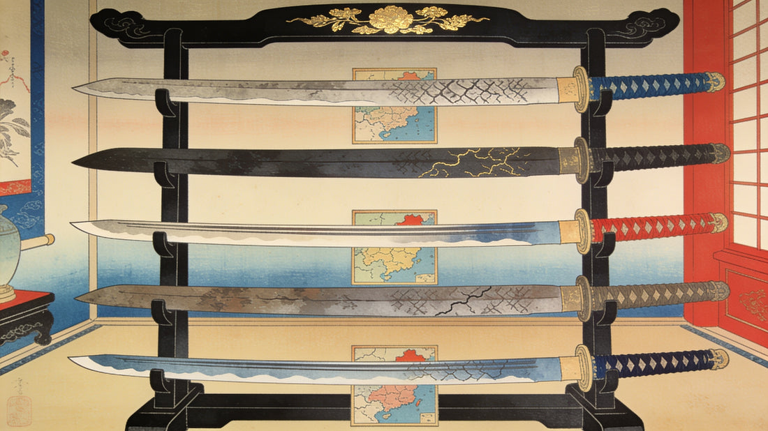 Five antique Japanese blades of the Gokaden traditions displayed on a lacquered rack with province maps — ukiyo-e style illustration