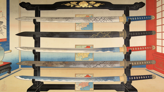 Five antique Japanese blades of the Gokaden traditions displayed on a lacquered rack with province maps — ukiyo-e style illustration