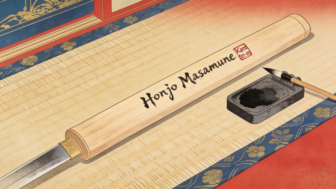Appraisal inscription (sayagaki) brushed on a shirasaya scabbard with brush and inkstone — ukiyo-e style illustration