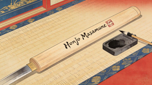 Appraisal inscription (sayagaki) brushed on a shirasaya scabbard with brush and inkstone — ukiyo-e style illustration