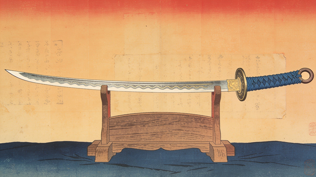 Antique Japanese tachi sword on a stand showing its parts — ukiyo-e style illustration