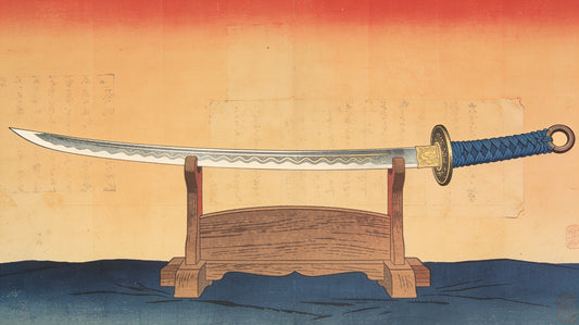 Antique Japanese tachi sword on a stand showing its parts — ukiyo-e style illustration