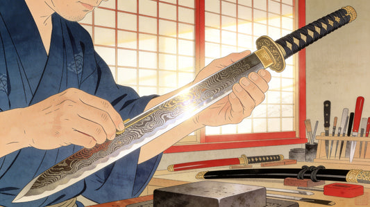 Jihada grain pattern on antique Japanese katana blade - ukiyo-e style