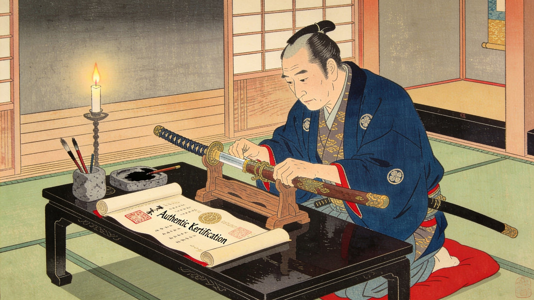 Japanese sword scholar examining an antique katana with an authentication certificate — ukiyo-e style illustration