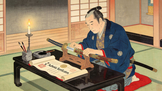 Japanese sword scholar examining an antique katana with an authentication certificate — ukiyo-e style illustration