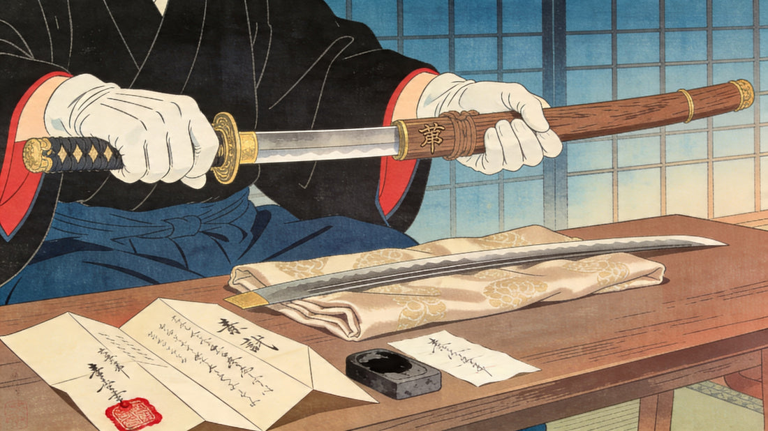 Ukiyo-e illustration of expert hands examining the unsigned nakago (tang) of an antique mumei katana | Tokyo Nihonto