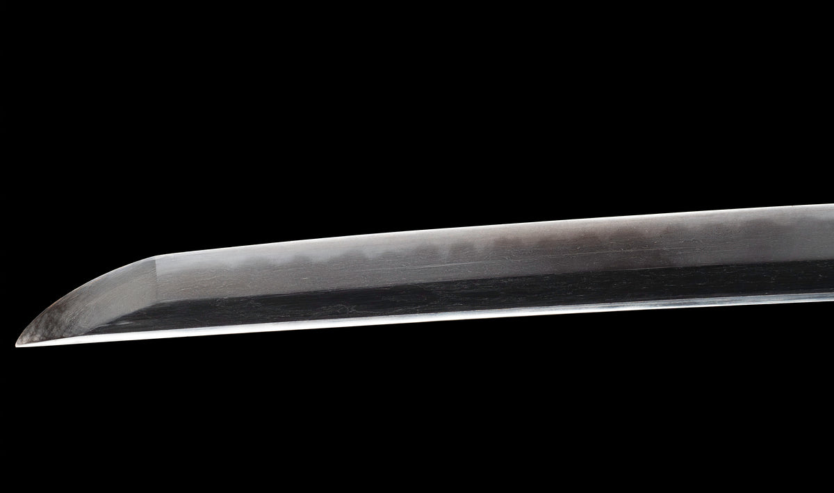 Antique Japanese Katana Sword with Regular Gunome Hamon, Higo Iron Fittings and Black Leather Tsukamaki