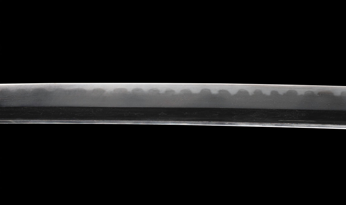 Antique Japanese Katana Sword with Regular Gunome Hamon, Higo Iron Fittings and Black Leather Tsukamaki