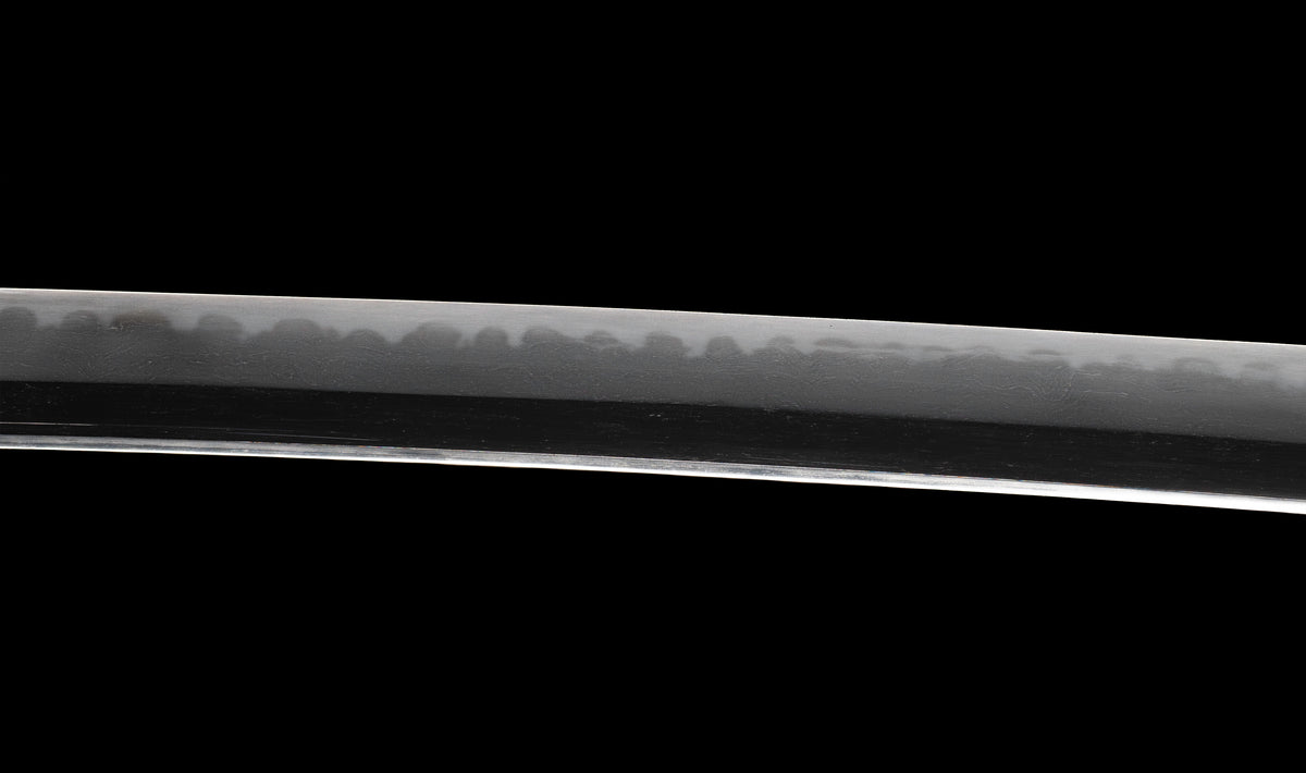 Antique Japanese Katana Sword with Regular Gunome Hamon, Higo Iron Fittings and Black Leather Tsukamaki