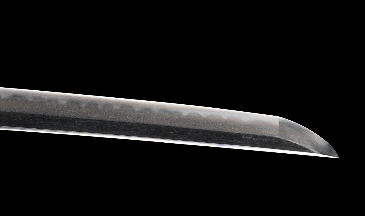 Antique Japanese Katana Sword with Regular Gunome Hamon, Higo Iron Fittings and Black Leather Tsukamaki