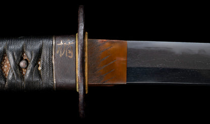 Antique Japanese Katana Sword with Regular Gunome Hamon, Higo Iron Fittings and Black Leather Tsukamaki