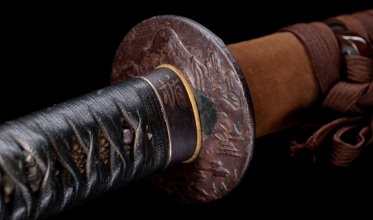 Antique Japanese Katana Sword with Regular Gunome Hamon, Higo Iron Fittings and Black Leather Tsukamaki