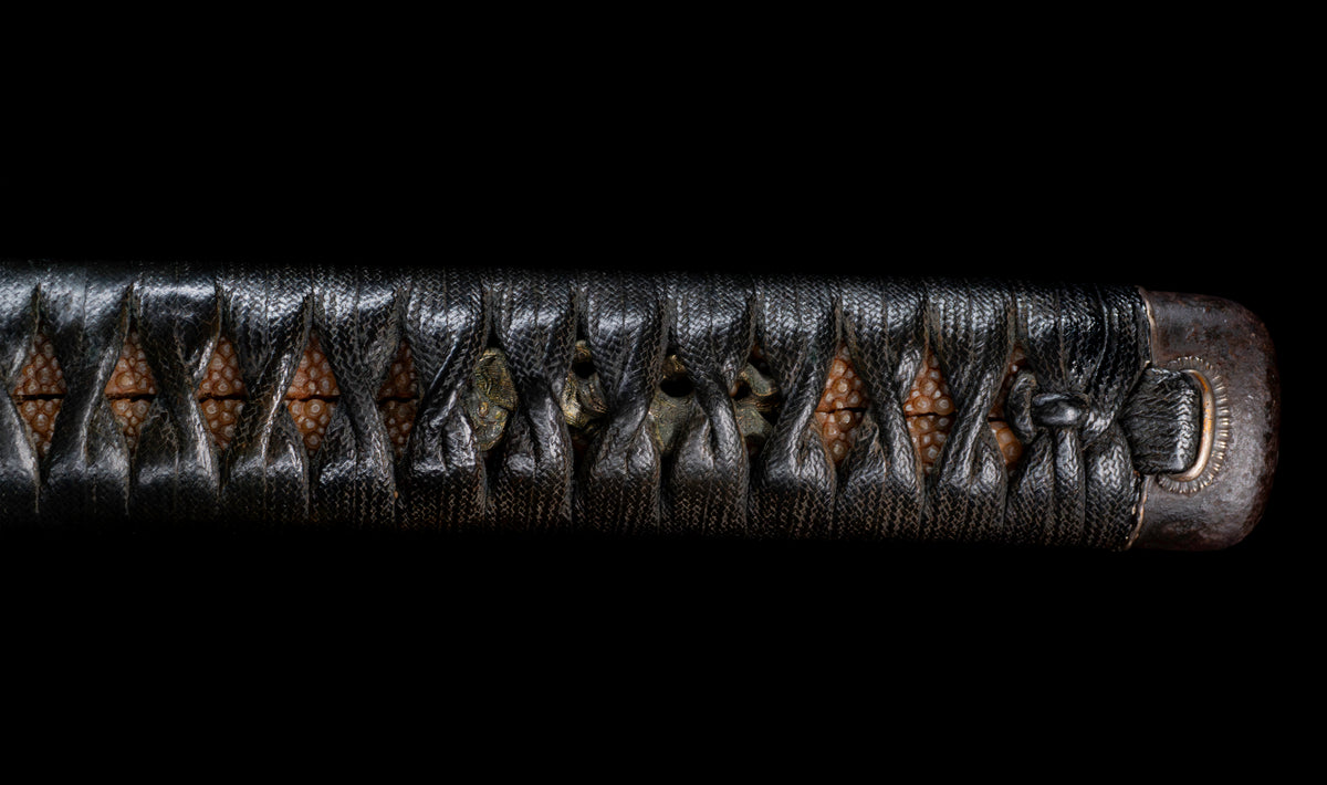 Antique Japanese Katana Sword with Regular Gunome Hamon, Higo Iron Fittings and Black Leather Tsukamaki