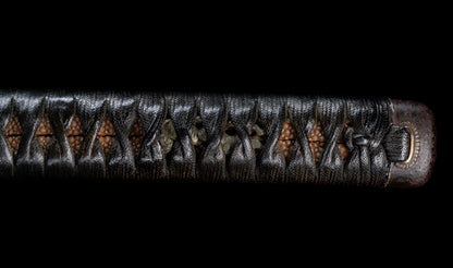 Antique Japanese Katana Sword with Regular Gunome Hamon, Higo Iron Fittings and Black Leather Tsukamaki