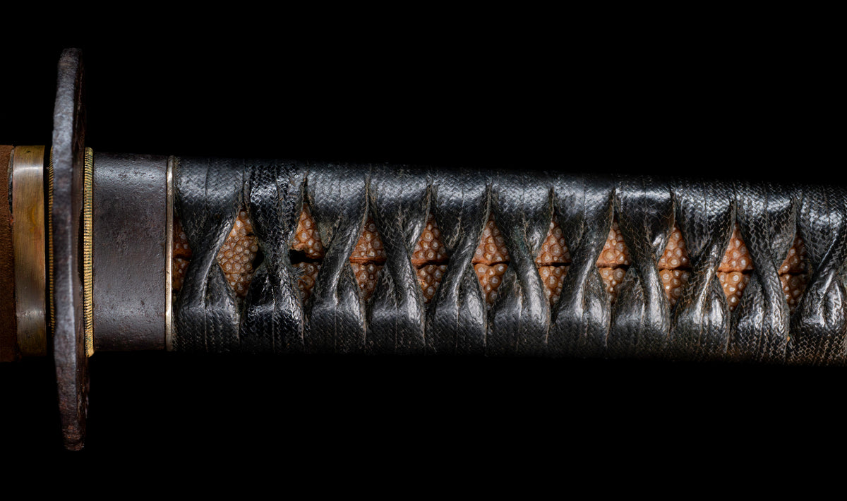 Antique Japanese Katana Sword with Regular Gunome Hamon, Higo Iron Fittings and Black Leather Tsukamaki
