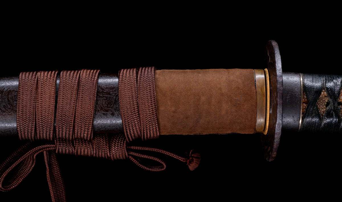 Antique Japanese Katana Sword with Regular Gunome Hamon, Higo Iron Fittings and Black Leather Tsukamaki