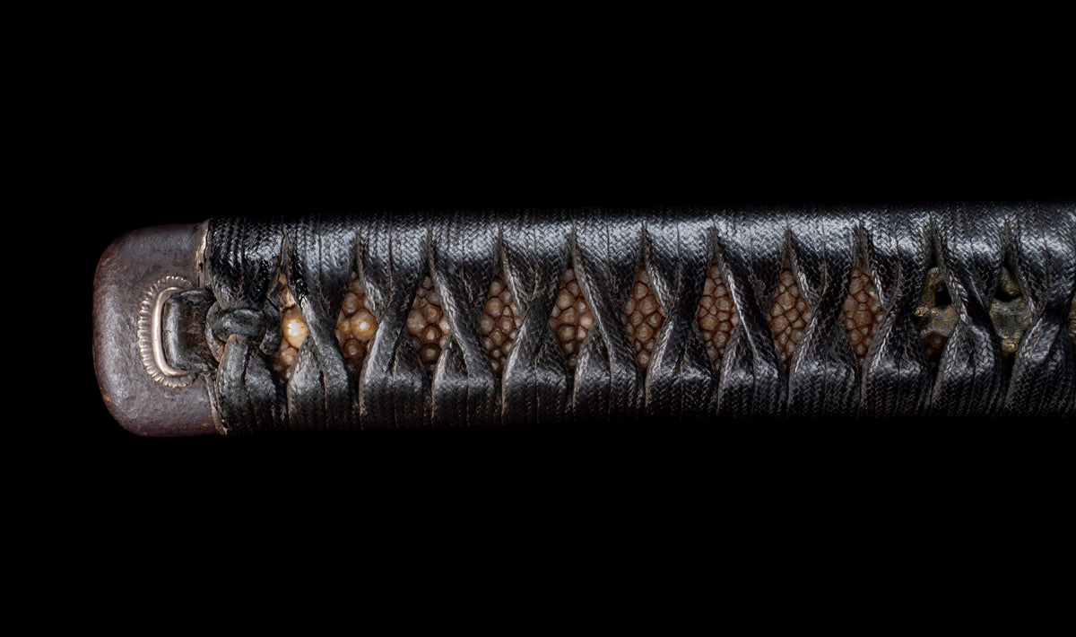 Antique Japanese Katana Sword with Regular Gunome Hamon, Higo Iron Fittings and Black Leather Tsukamaki