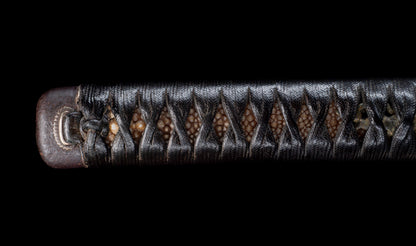 Antique Japanese Katana Sword with Regular Gunome Hamon, Higo Iron Fittings and Black Leather Tsukamaki