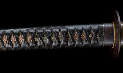 Antique Japanese Katana Sword with Regular Gunome Hamon, Higo Iron Fittings and Black Leather Tsukamaki