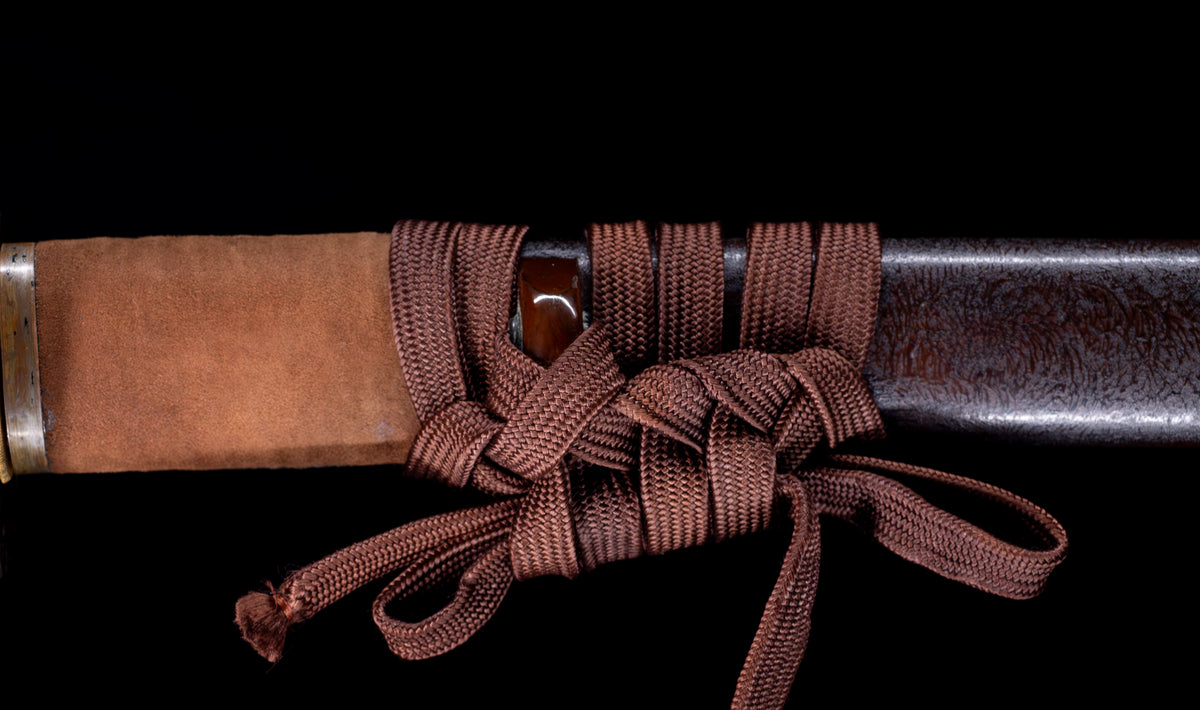 Antique Japanese Katana Sword with Regular Gunome Hamon, Higo Iron Fittings and Black Leather Tsukamaki