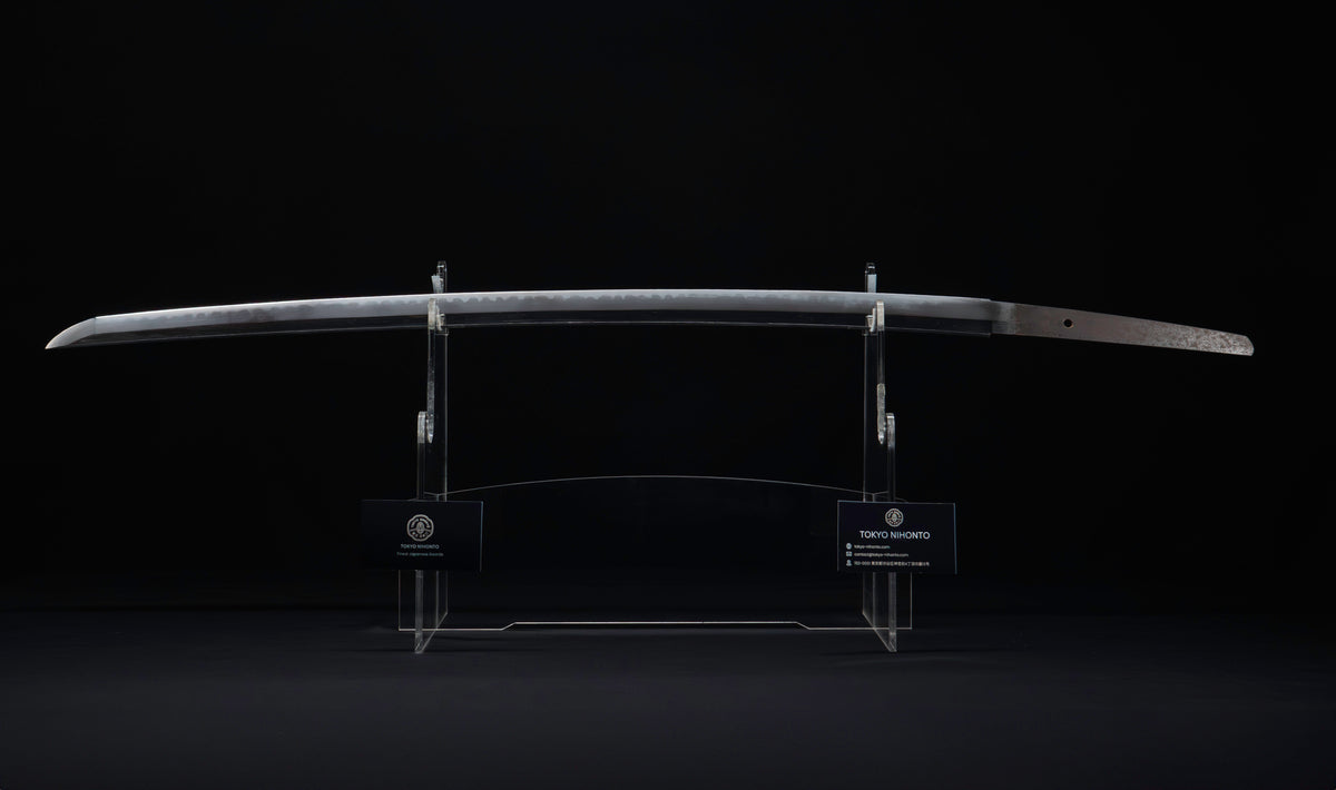 Antique Japanese Katana Sword with Regular Gunome Hamon, Higo Iron Fittings and Black Leather Tsukamaki