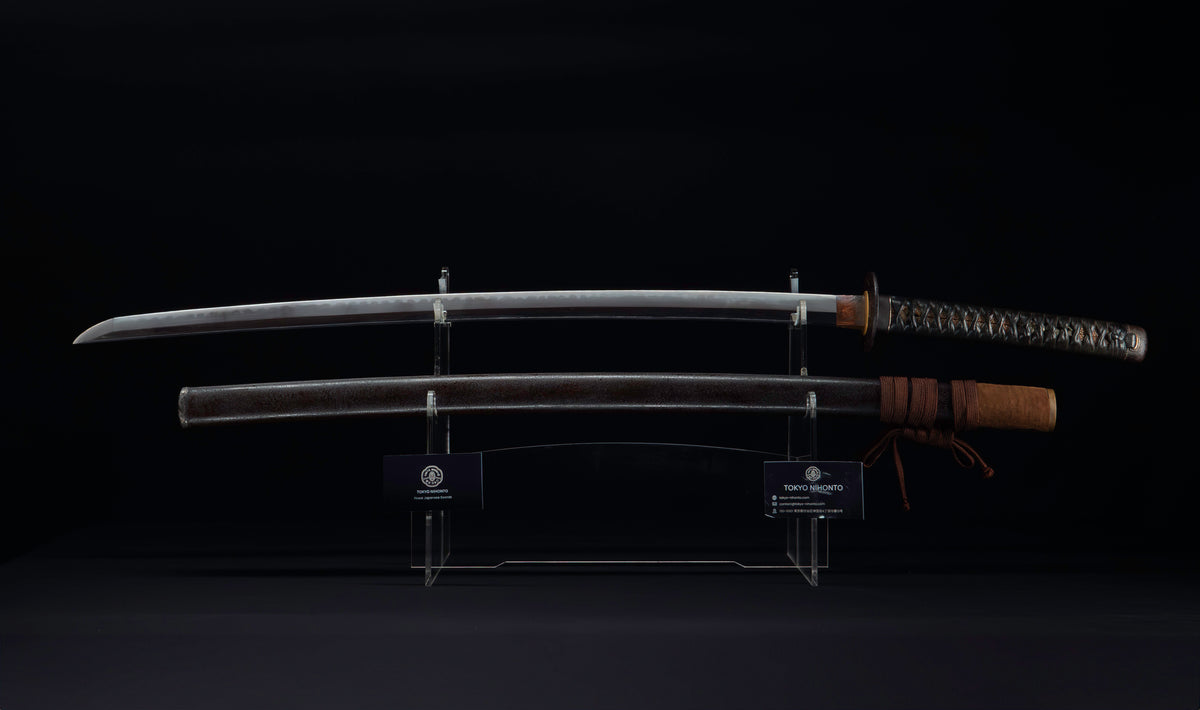Antique Japanese Katana Sword with Regular Gunome Hamon, Higo Iron Fittings and Black Leather Tsukamaki
