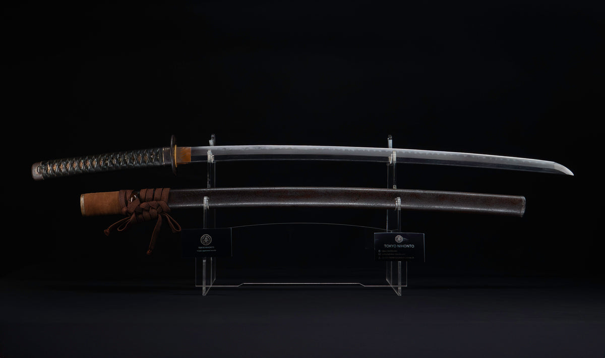Antique Japanese Katana Sword with Regular Gunome Hamon, Higo Iron Fittings and Black Leather Tsukamaki