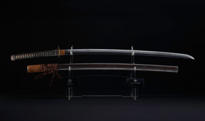 Antique Japanese Katana Sword with Regular Gunome Hamon, Higo Iron Fittings and Black Leather Tsukamaki