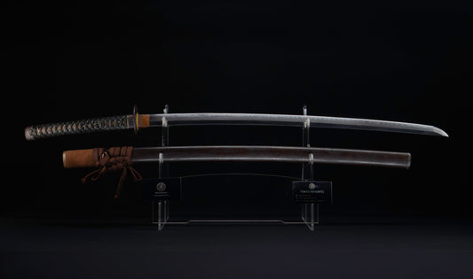 Antique Japanese Katana Sword with Regular Gunome Hamon, Higo Iron Fittings and Black Leather Tsukamaki