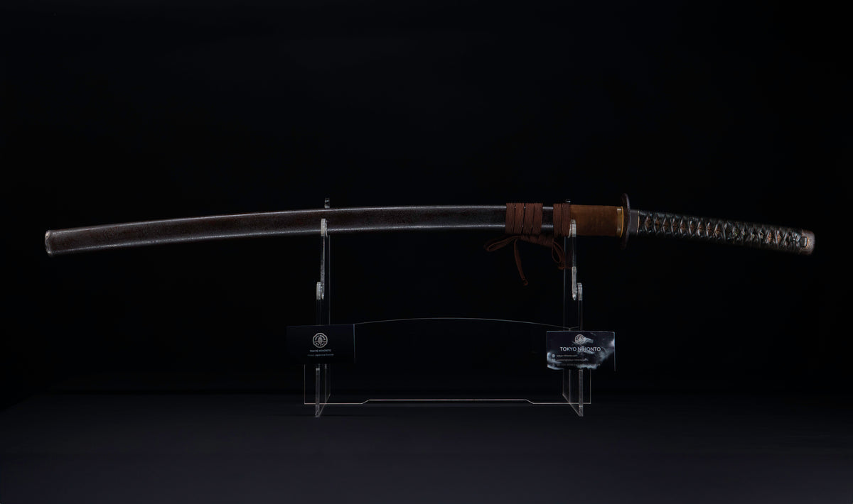 Antique Japanese Katana Sword with Regular Gunome Hamon, Higo Iron Fittings and Black Leather Tsukamaki