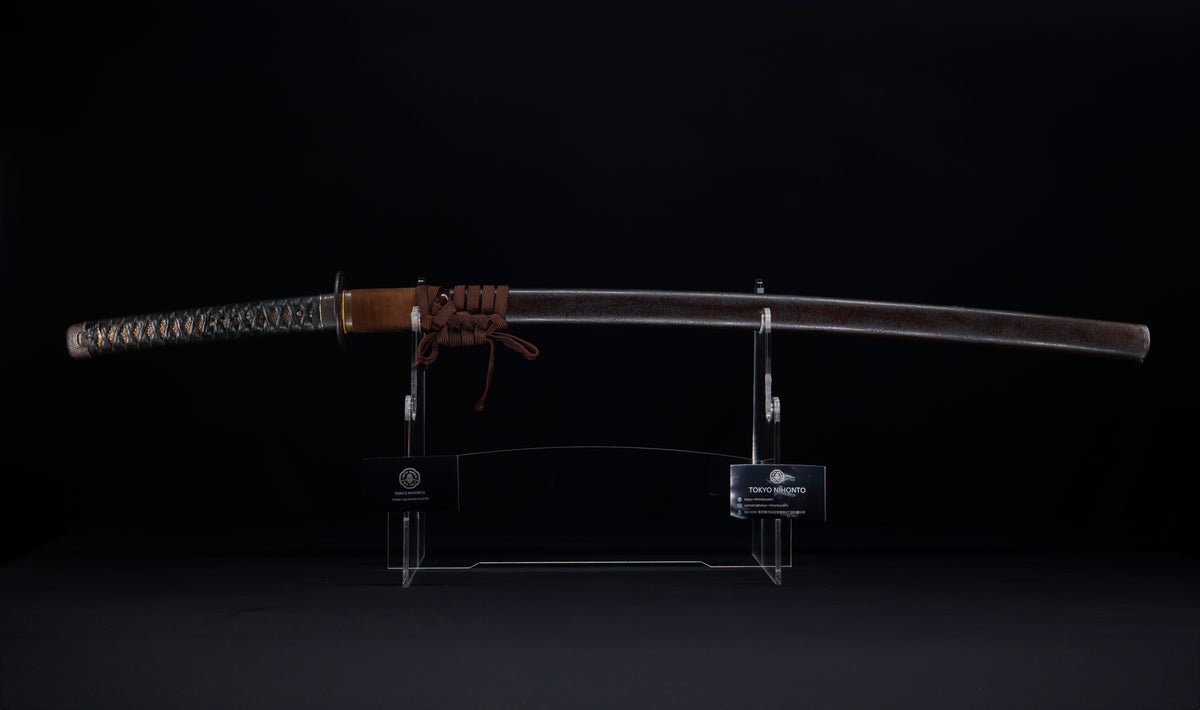 Antique Japanese Katana Sword with Regular Gunome Hamon, Higo Iron Fittings and Black Leather Tsukamaki