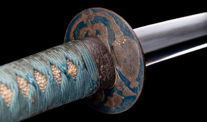 Antique Japanese Katana Sword attributed to Sagami no Kami Yasuyuki with Suguha Hamon, Wave Fuchi-Kashira and Blue-Ground Iron Tsuba — Edo Shintō