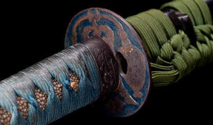 Antique Japanese Katana Sword attributed to Sagami no Kami Yasuyuki with Suguha Hamon, Wave Fuchi-Kashira and Blue-Ground Iron Tsuba — Edo Shintō