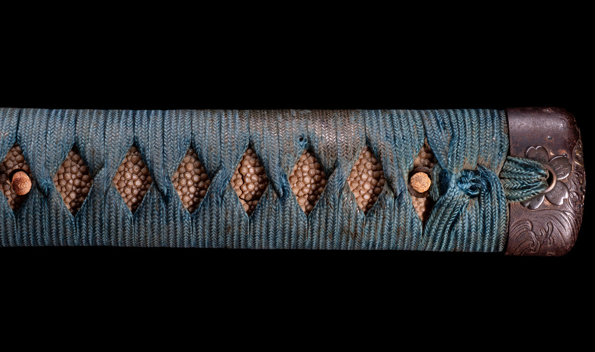 Antique Japanese Katana Sword attributed to Sagami no Kami Yasuyuki with Suguha Hamon, Wave Fuchi-Kashira and Blue-Ground Iron Tsuba — Edo Shintō