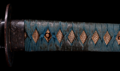 Antique Japanese Katana Sword attributed to Sagami no Kami Yasuyuki with Suguha Hamon, Wave Fuchi-Kashira and Blue-Ground Iron Tsuba — Edo Shintō