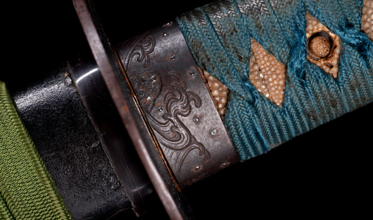 Antique Japanese Katana Sword attributed to Sagami no Kami Yasuyuki with Suguha Hamon, Wave Fuchi-Kashira and Blue-Ground Iron Tsuba — Edo Shintō