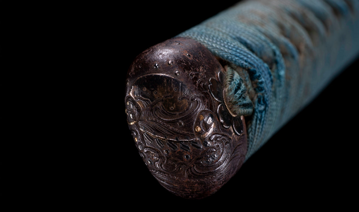 Antique Japanese Katana Sword attributed to Sagami no Kami Yasuyuki with Suguha Hamon, Wave Fuchi-Kashira and Blue-Ground Iron Tsuba — Edo Shintō